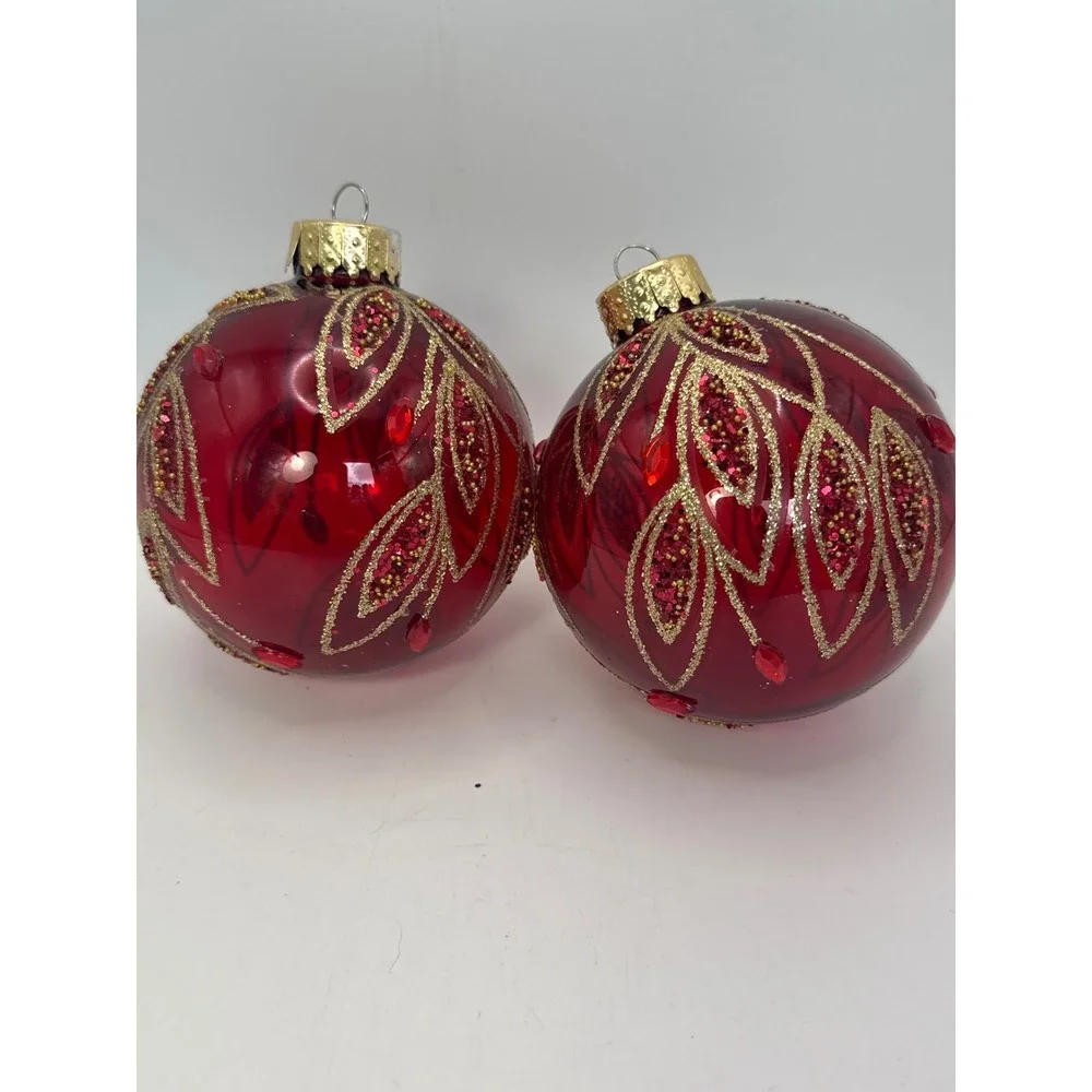 2 Red Glass Christmas Ornaments Gold Glitter Leaf Sequin Rhinestone 3 inch Round